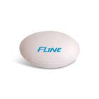 A white rugby ball displaying the blue text FLINE on its surface. The ball is shown against a plain white background.