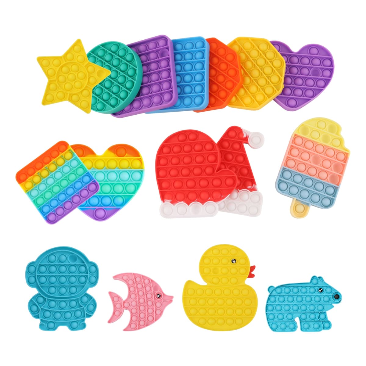 Colorful pop-it toys in various shapes including a star, heart, Christmas hat, ice cream, rainbow, monkey, fish, duck, and bear, arranged in a playful manner.