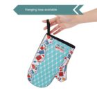 A hand holds a teal oven mitt with a retro pattern of kitchen items, including pots and cups in red and blue. The mitt has a black edge and a hanging loop. An arrow above points to the hanging loop, labeled Hanging loop available.