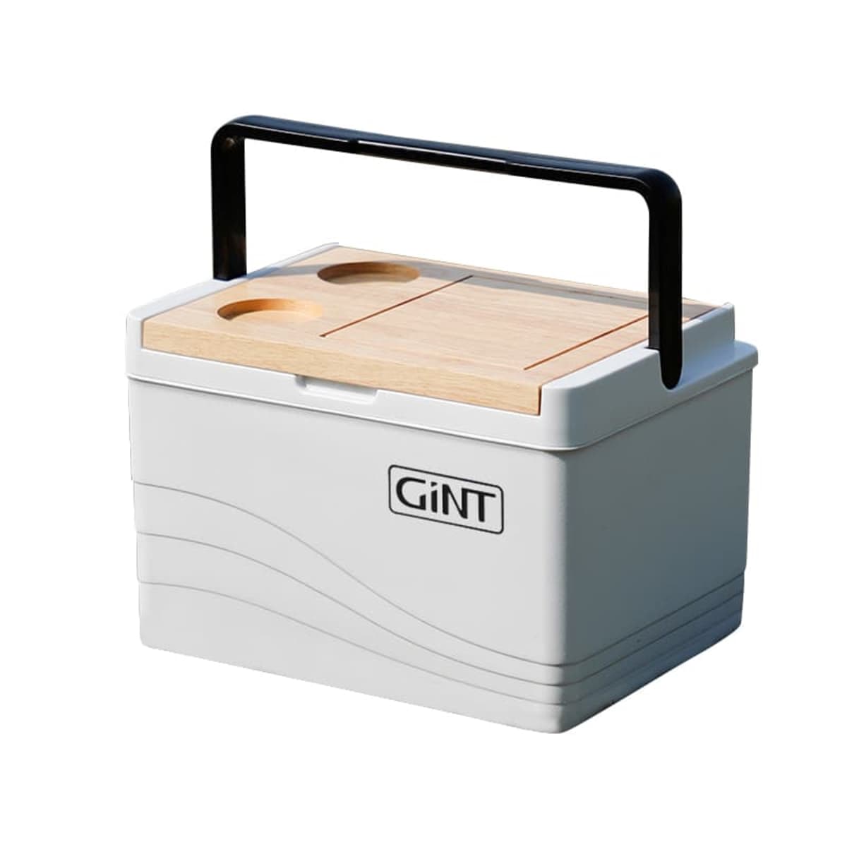 A white cooler with a black handle and wooden top, featuring two cup holders. The brand name GiNT is on the front. The design is compact and modern.