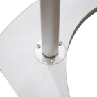 Close-up of a silver pole attached to a curved piece of light-colored material with four screws. The materials appear metallic and are connected at a circular base. The background is plain white.