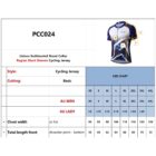 Image of a size chart for a unisex sublimated stand collar cycling jersey with raglan short sleeves. Includes mens and womens sizes XS to 4XL, chest width, and length measurements. The jersey has a colorful design.