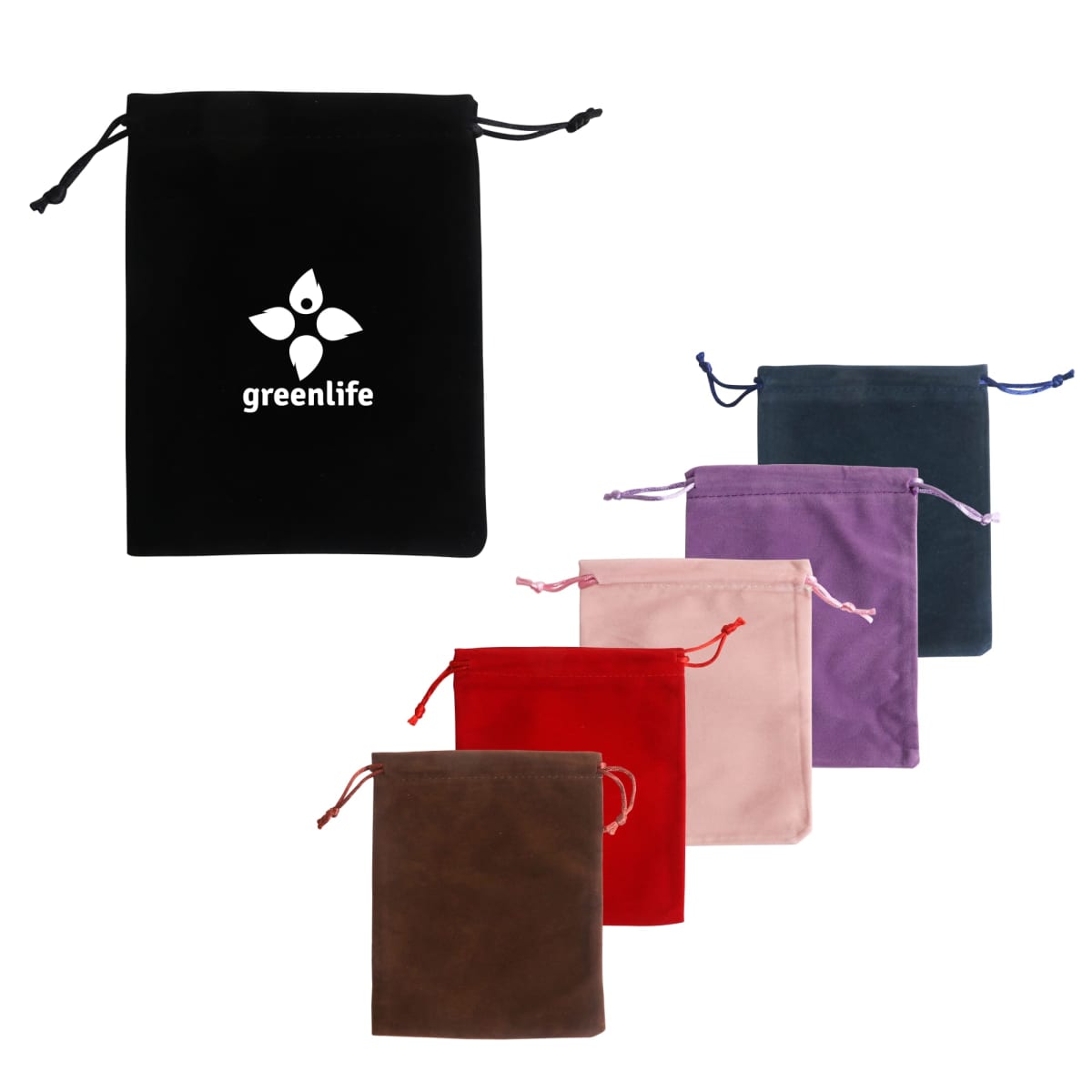 A set of six drawstring bags in various colors: black, dark green, purple, pink, red, and brown. The black bag features a white greenlife logo with a leaf design.