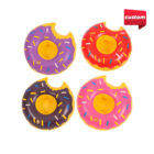 Four colorful, inflatable drink holders shaped like donuts with sprinkles; two with pink frosting, one with chocolate frosting, and one with red frosting. Each donut has a bite taken out. A custom label is in the top right corner.