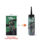Green sports bottle with cyclist graphic, shown next to its flat printed design and dimensions.