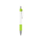 A green and white retractable ballpoint pen with a silver tip, green grip, and a green clip, isolated on a white background.