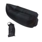 Inflatable black lounge chair shown fully inflated above a matching black carrying bag.