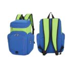 Two views of a blue and green backpack. The front view shows multiple zippered compartments, while the back view showcases adjustable straps. The design includes black trim and convenient side pockets.