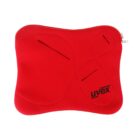 A red zippered pouch with curved seam designs and the text uvex printed in black at the bottom right corner.