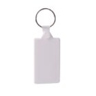 A white rectangular keychain with a metal ring attached at the top. The keychain has a smooth, blank surface and is hanging vertically against a plain, white background.