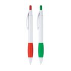 Two retractable ballpoint pens with white bodies. One pen has a red tip and clip, the other has a green tip and clip. Both pens have matching colored grips.