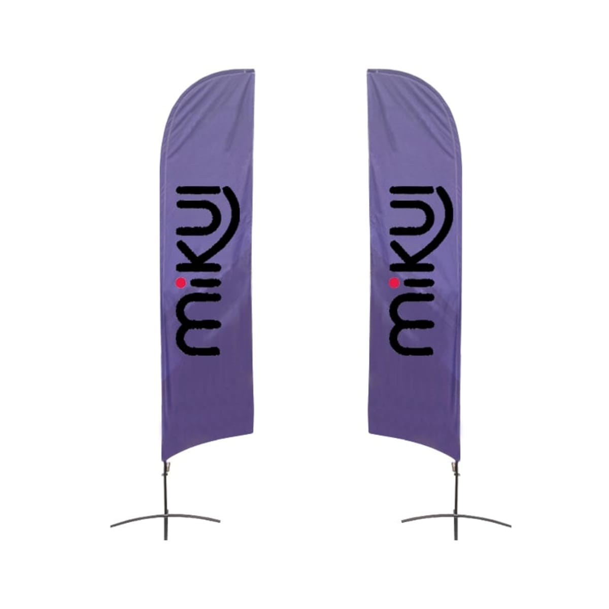 Two vertical purple banners with the word miku written in bold black letters. The banners are supported by a cross-shaped metal base.