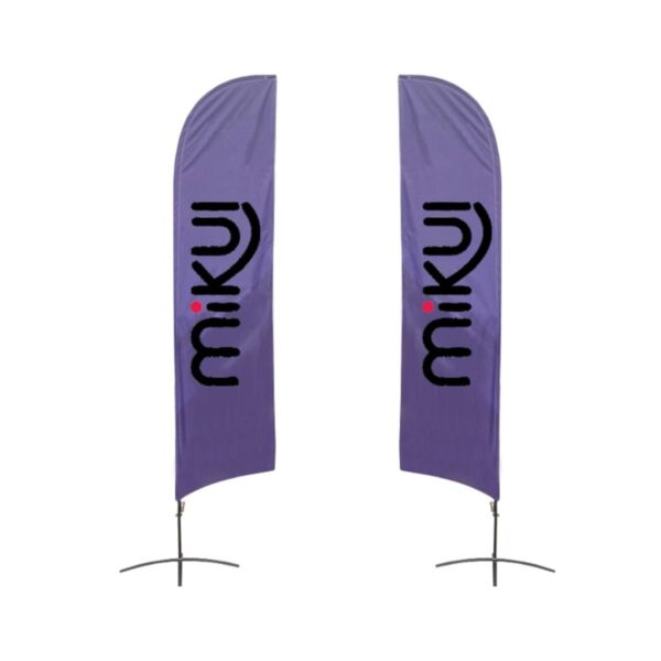 Two vertical purple flags with the word miku in black and a red dot above the i. The flags are mounted on metal stands with cross-shaped bases, set against a plain white background.