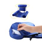 A hand adjusts a blue inflatable pool chair with a mesh seat. The top image shows a diagram highlighting three inflatable sections: a backrest and two armrests, connected by a seat.