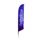 A tall, blue feather banner with white text that reads Call it Graphics.com Sign and Printing Services. The banner has a thin black border and is mounted on a silver pole.