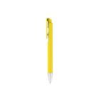 A yellow pen with a retractable tip and clip, positioned vertically against a plain white background.