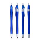 Four blue ballpoint pens with silver accents are lined up vertically against a white background. Each pen has a streamlined design with a click mechanism and clip.