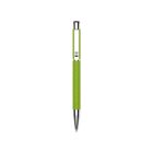 A green ballpoint pen with a textured grip, silver accents, and a click mechanism. The pen is centered on a white background.