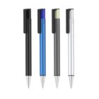 Four sleek modern pens with black clips are displayed vertically. The pen barrels from left to right are black, blue, gray, and silver. The pens have a minimalist design with a metallic finish.