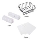 Image displaying a black wire basket labeled Basket, two white LED lights labeled Light, and two translucent white rectangular dividers labeled Divider against a white background.