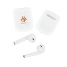 Two white wireless earbuds alongside two charging cases on a white background. One case has an orange hand logo and text, and the other is plain.