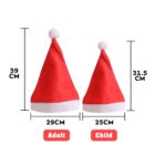 Two red Santa hats with white trim and pom-poms are compared. The adult hat is 39 cm tall and 29 cm wide, while the child hat is 31.5 cm tall and 25 cm wide.