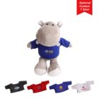 A gray plush hippo wearing a blue shirt with Star of Hope logo. Additional optional T-shirts in black, red, yellow, blue, and white with different logos are shown below. A red banner reads Optional Custom T Shirt in the top right corner.