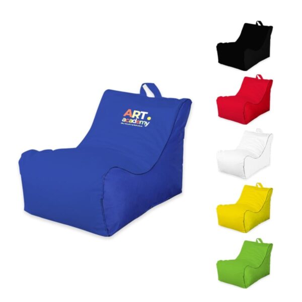 Five bean bag chairs in different colors: blue, red, black, white, and yellow, arranged vertically on a white background. The blue chair displays the text ART academy in colorful letters.