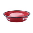 A red pet bowl with white bone designs around the exterior. The bowl has a black rim and is designed for holding food or water for pets.