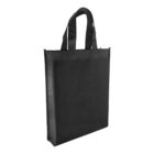 A black reusable tote bag with two handles, standing upright on a white background. The bag has a sleek design with plain sides, offering a minimalistic and eco-friendly style for carrying items.