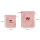 Two pink drawstring bags with startupideas logo. The smaller bag is 120mm wide and 150mm tall, while the larger one is 150mm wide and 200mm tall. Both bags have a red logo featuring a light bulb and human figure.