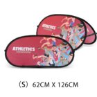 Two red, pop-up banners featuring illustrations of runners, the text ATHLETICS championship, and the dimensions 62CM X 126CM (size S) beneath them.