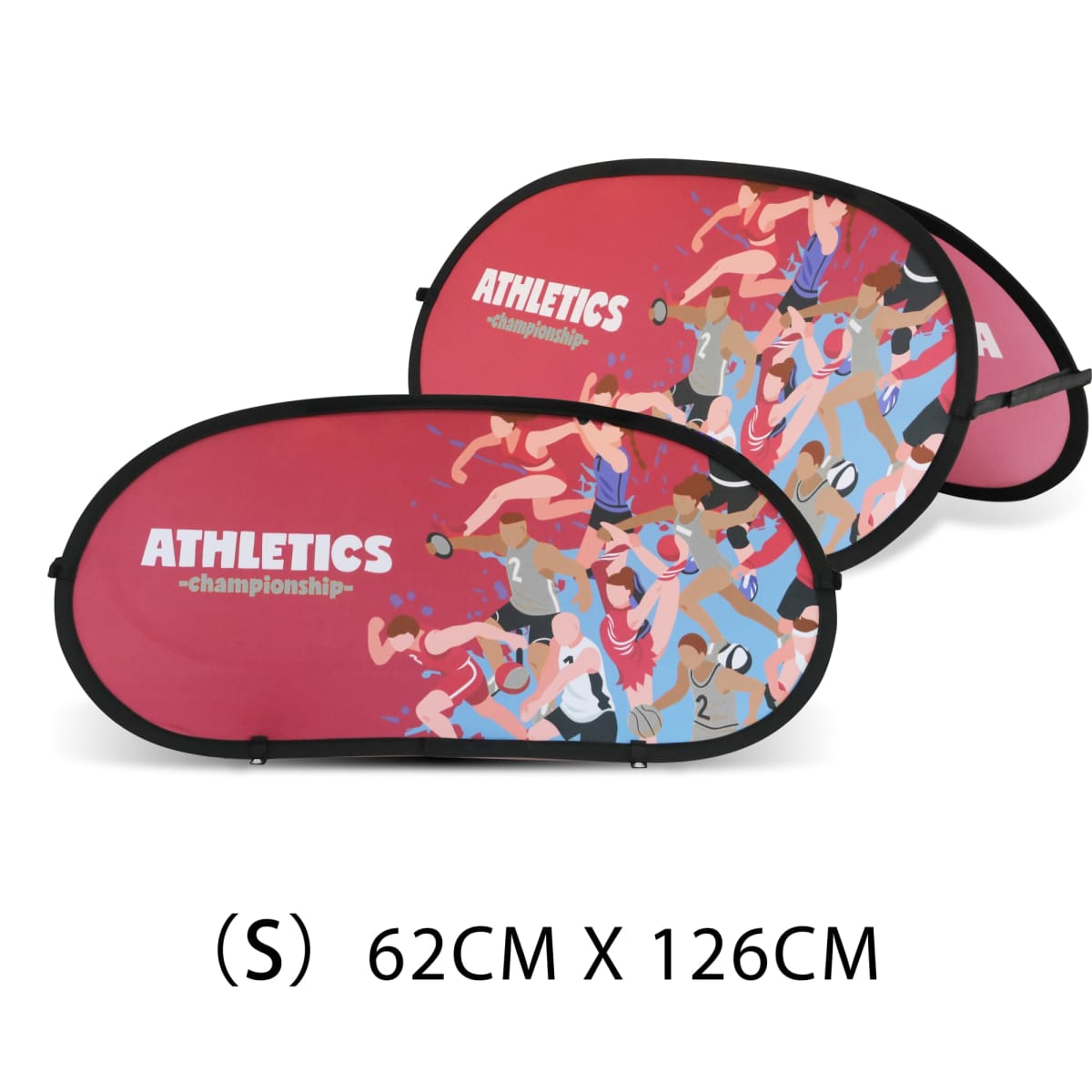 Two red, pop-up banners featuring illustrations of runners, the text ATHLETICS championship, and the dimensions 62CM X 126CM (size S) beneath them.