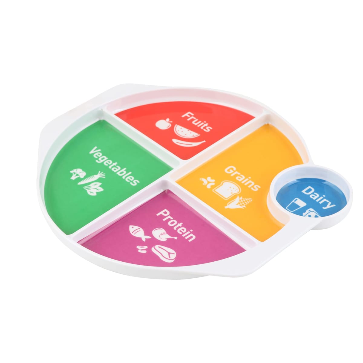A colorful divided plate featuring sections labeled Vegetables (green), Fruits (red), Grains (yellow), and Protein (purple), with a smaller section for Dairy (blue), designed to guide portion control and balanced meals.