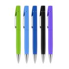 Five pens in a row with metal tips; colors include green, light blue, dark blue, black, and purple. The pens have clips attached to the caps. The background is white.