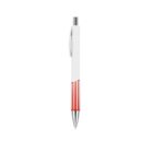 A white ballpoint pen with a metallic tip and clip is centered on a white background. The lower part of the barrel features red striped accents.