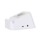A white, angled tech device with a logo on top featuring a colorful arc design. It has several buttons, a micro USB port, and a headphone jack. Its likely a charging dock or speaker, designed for compatibility with other devices.