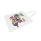 A white tote bag featuring a colorful, cartoon-style illustration of a person with rocket boosters. Bright red, blue, and yellow elements surround the character, with text reading Go go power rocket and decorative symbols.