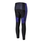 Back view of black cycling leggings with padded seat. The design features dark blue panels with a colorful splash pattern on the sides, and a reflective strip at the bottom.