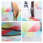 Collage of four close-up images of a colorful backpack. The designs feature diagonal stripes in green, blue, yellow, and red. Images highlight a tan handle, a brown zipper, and the colorful pattern on different sections of the backpack.