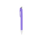 A purple pen with a sleek design, featuring a silver tip and a triangular clip near the top, centered on a white background.