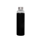 A clear glass water bottle with a black silicone sleeve and a stainless steel lid. The bottle is upright and centered against a plain white background.