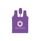 Purple reusable bag with a geometric star-like logo and the text REAL ESTATE printed in white. A small matching pouch is attached above the bag.