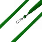 A green lanyard with a metal swivel hook clasp. The material appears to be a woven fabric, and the hook is attached to the end for securing items. The lanyard is laid out flat against a white background.