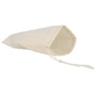 A beige drawstring pouch lies on its side against a white background. The pouch is made from a soft, fabric material and has a simple design. One drawstring is visible, extending outward.