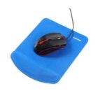 A black and red wired computer mouse rests on a blue mouse pad with a wrist rest.