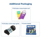 Image showing three packaging options: a pair of socks with a colored custom header card, a black pair with a custom paper girdle labeled Work Socks, and a blue counter display with various casual socks.