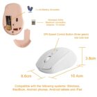 Wireless white mouse with USB receiver, measurements, and compatibility information.