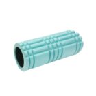 A textured turquoise foam roller with a hollow center on a white background.