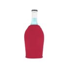 A clear bottle with a black cap contains a light blue beverage and is wrapped in a snug red neoprene sleeve. The bottle is centered against a plain white background.